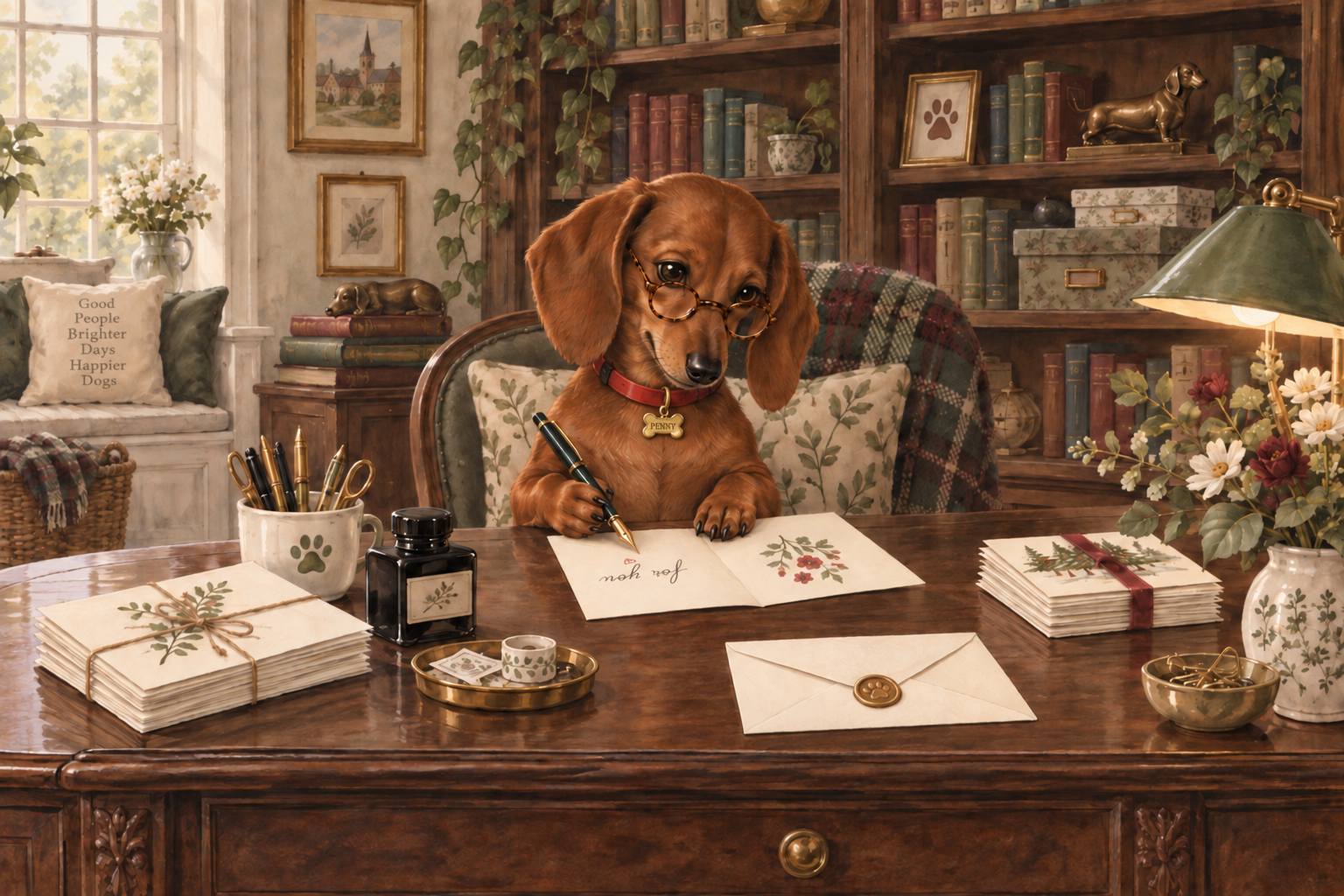 An illustrated little red dachshund in round glasses, wearing a red collar and a small shiny gold PENNY tag, writing greeting cards at a walnut desk in a cozy library